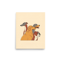 'The Canine Trio' — a Digital art,Pop art print. A minimalist illustration of a Greyhound, Golden Retriever, and Bulldog layered together on a warm beige background, great for a Living Room.