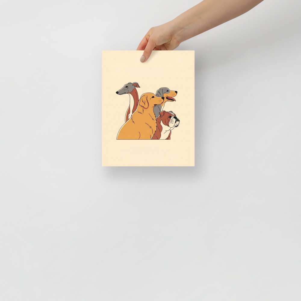 'The Canine Trio' — a Digital art,Pop art print. A minimalist illustration of a Greyhound, Golden Retriever, and Bulldog layered together on a warm beige background, great for a Living Room.