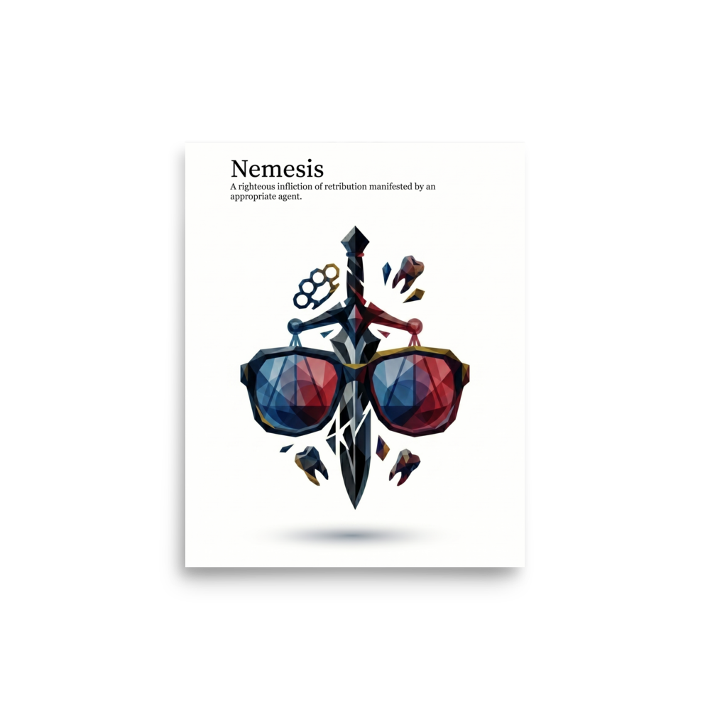 'Righteous Retribution' — a Digital art,Pop art print. A low-poly illustration of a sword, sunglasses, brass knuckles, and teeth with the text 'Nemesis', perfect for a Man Cave.
