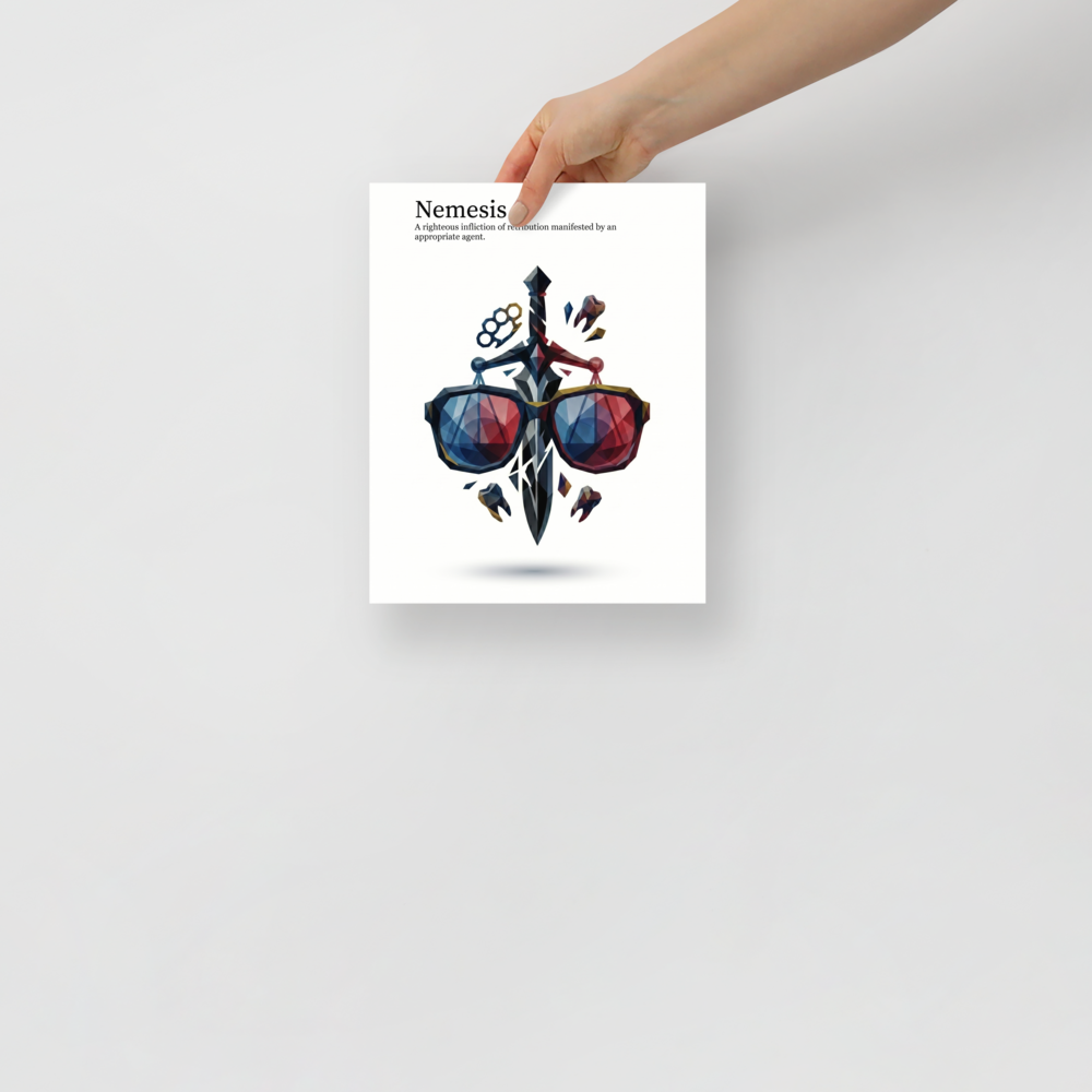 'Righteous Retribution' — a Digital art,Pop art print. A low-poly illustration of a sword, sunglasses, brass knuckles, and teeth with the text 'Nemesis', perfect for a Man Cave.