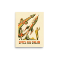 'Space Age Dream' — a Retrofuturism,Pop art print. A retro-futuristic illustration of a man and woman watching rockets launch into space, an inspiring focal point for an Office.