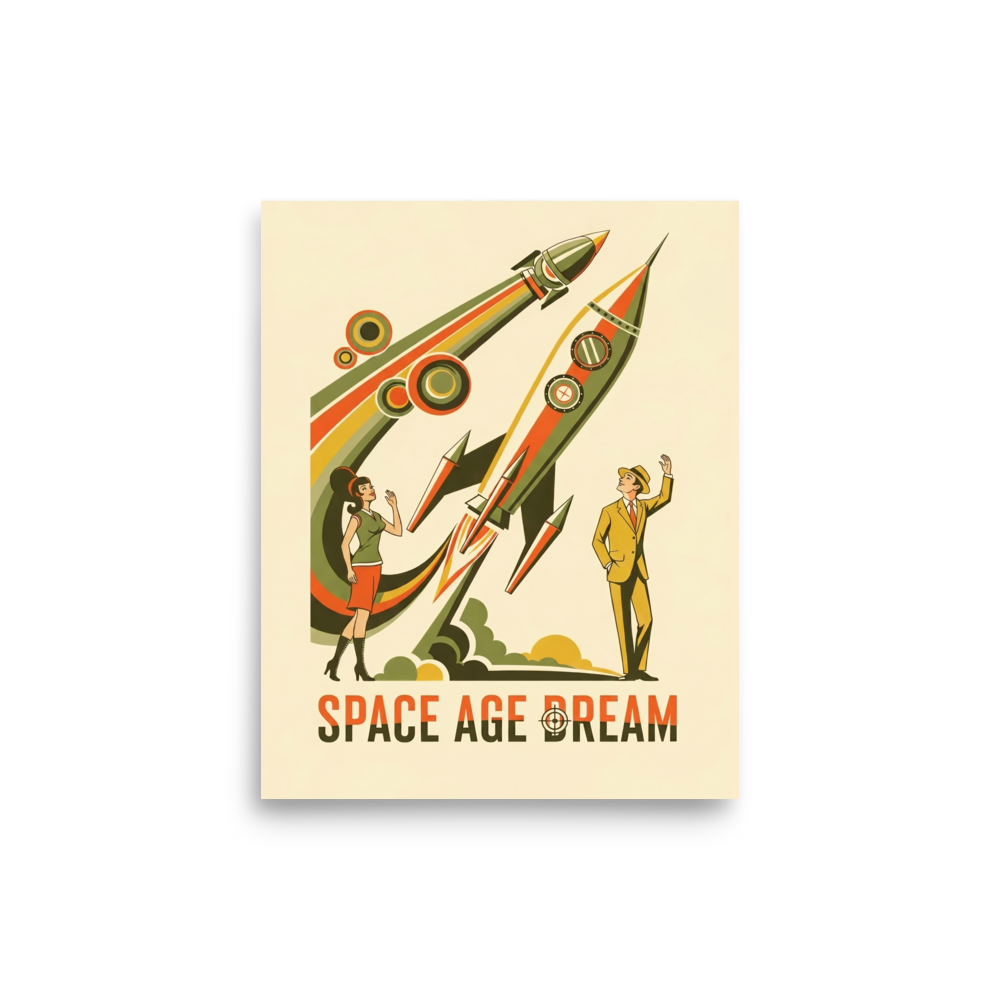 'Space Age Dream' — a Retrofuturism,Pop art print. A retro-futuristic illustration of a man and woman watching rockets launch into space, an inspiring focal point for an Office.