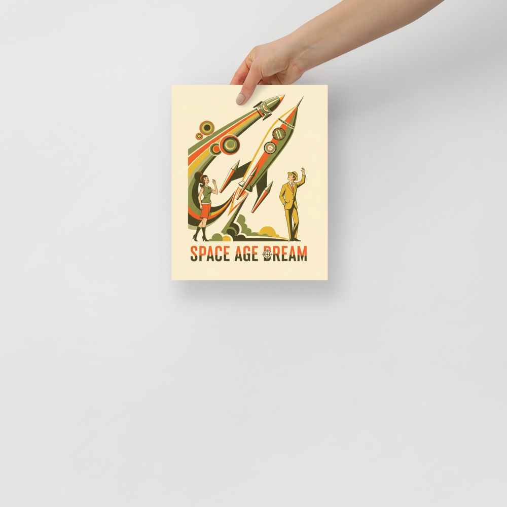 'Space Age Dream' — a Retrofuturism,Pop art print. A retro-futuristic illustration of a man and woman watching rockets launch into space, an inspiring focal point for an Office.