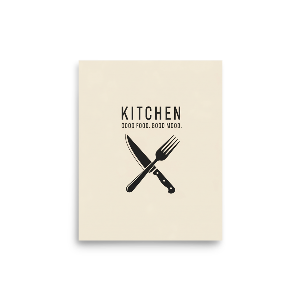 'Culinary Moods' — a Minimalism,Digital art print. A minimalist kitchen poster with a crossed knife and fork and the quote 'Good Food. Good Mood.', perfect for a Dining Room.