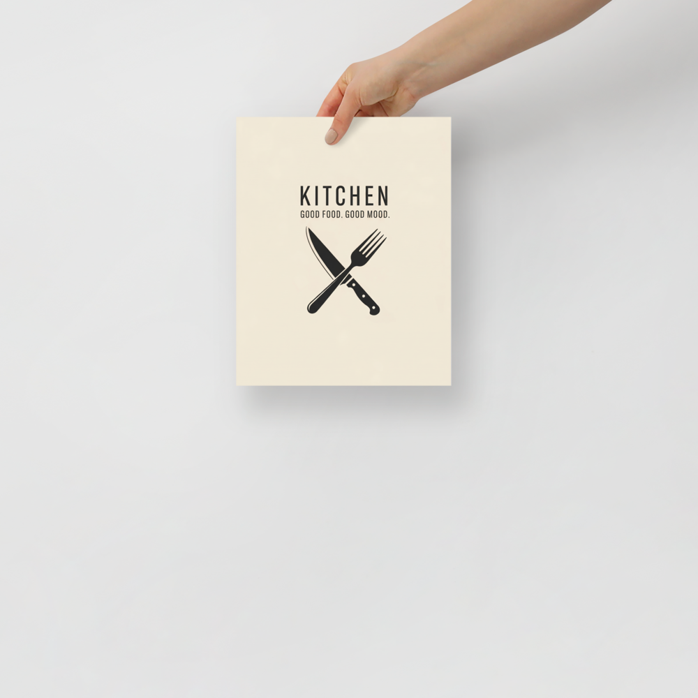 'Culinary Moods' — a Minimalism,Digital art print. A minimalist kitchen poster with a crossed knife and fork and the quote 'Good Food. Good Mood.', perfect for a Dining Room.