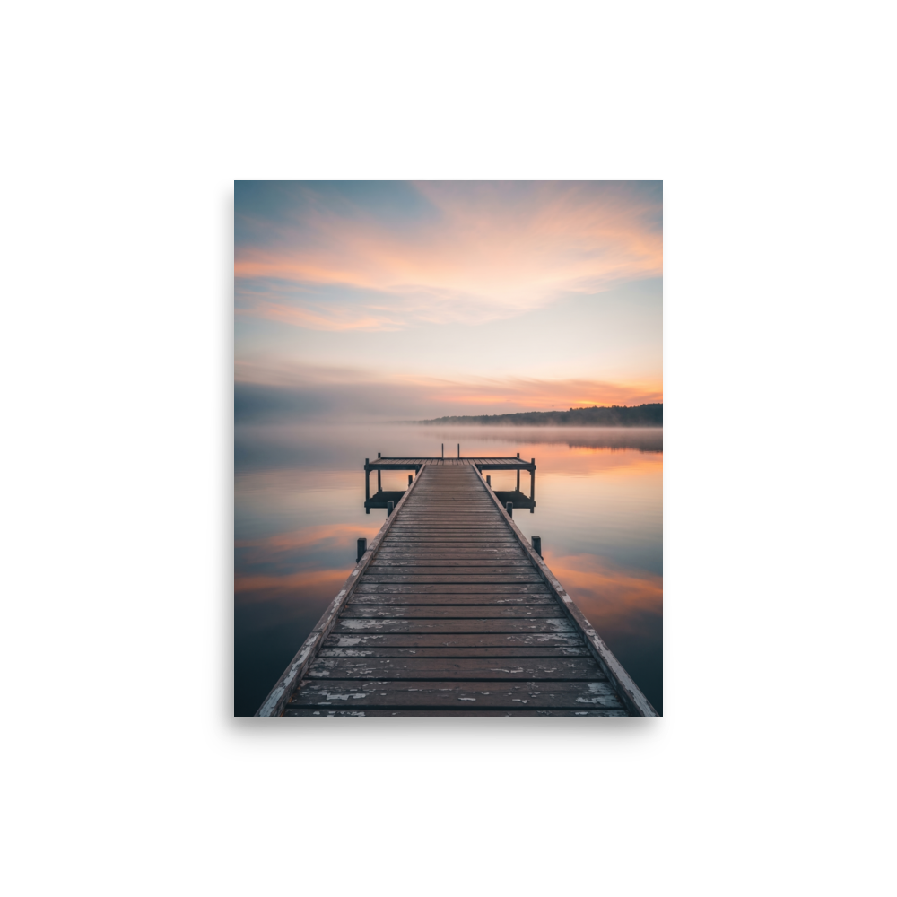 'Pastel Dawn Pier' — a Art photography print. Symmetrical landscape photograph of a wooden dock extending into a calm, misty lake reflecting a colorful sunrise, perfect for a peaceful bedroom or office space.