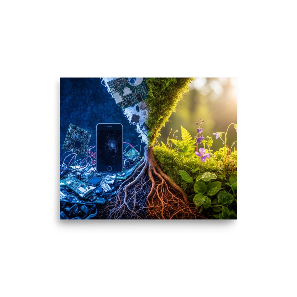 'E-Waste Nature' — a Surrealism print. A split image showing electronic waste on the left transforming into a lush natural landscape on the right.