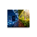 'E-Waste Nature' — a Surrealism print. A split image showing electronic waste on the left transforming into a lush natural landscape on the right.