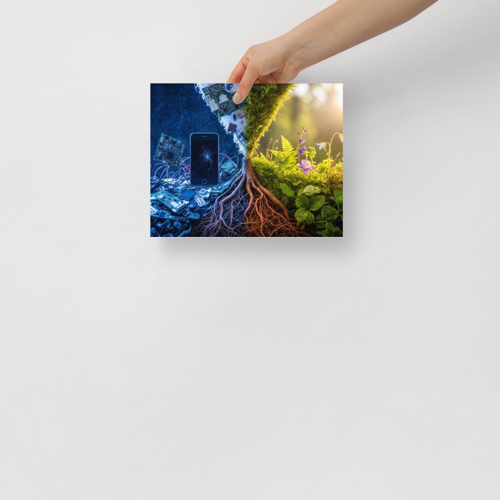 'E-Waste Nature' — a Surrealism print. A split image showing electronic waste on the left transforming into a lush natural landscape on the right.