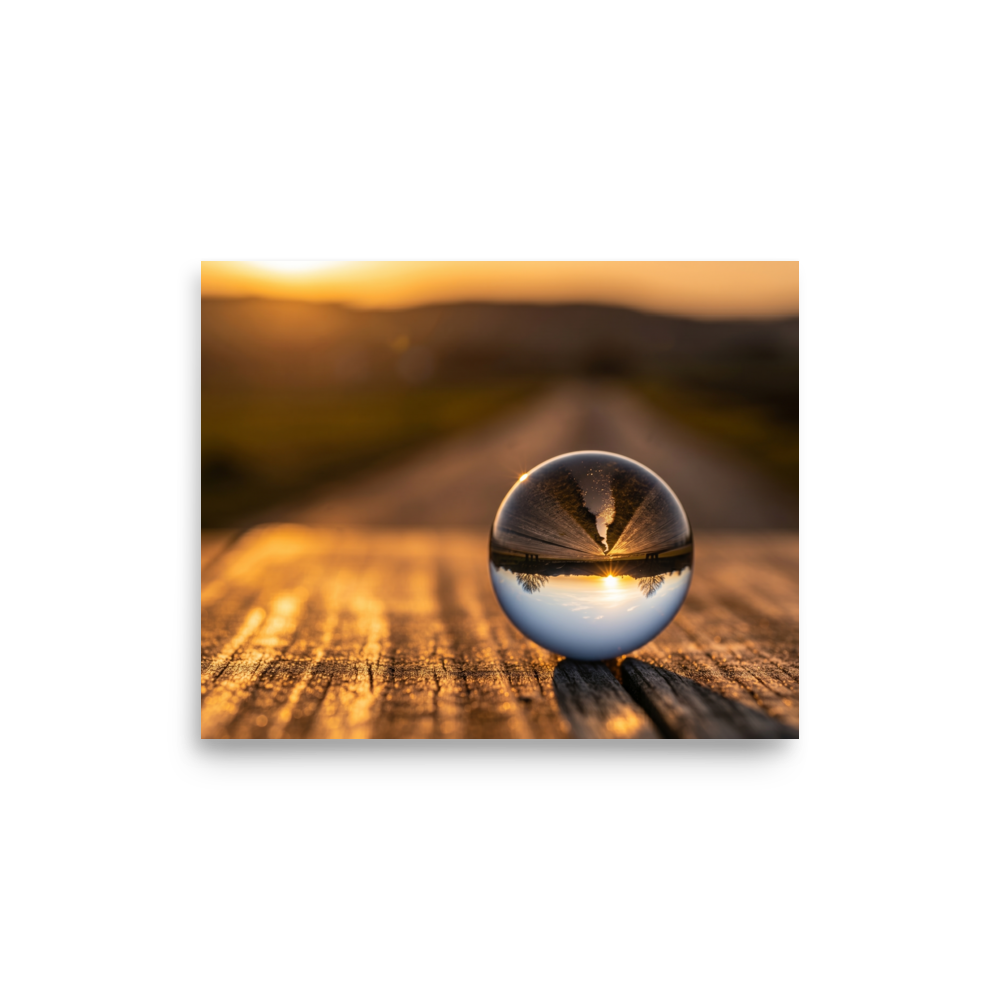 'Inverted Sunset' — a Surrealism print. A glass sphere resting on wood, refracting an upside-down golden sunset landscape.