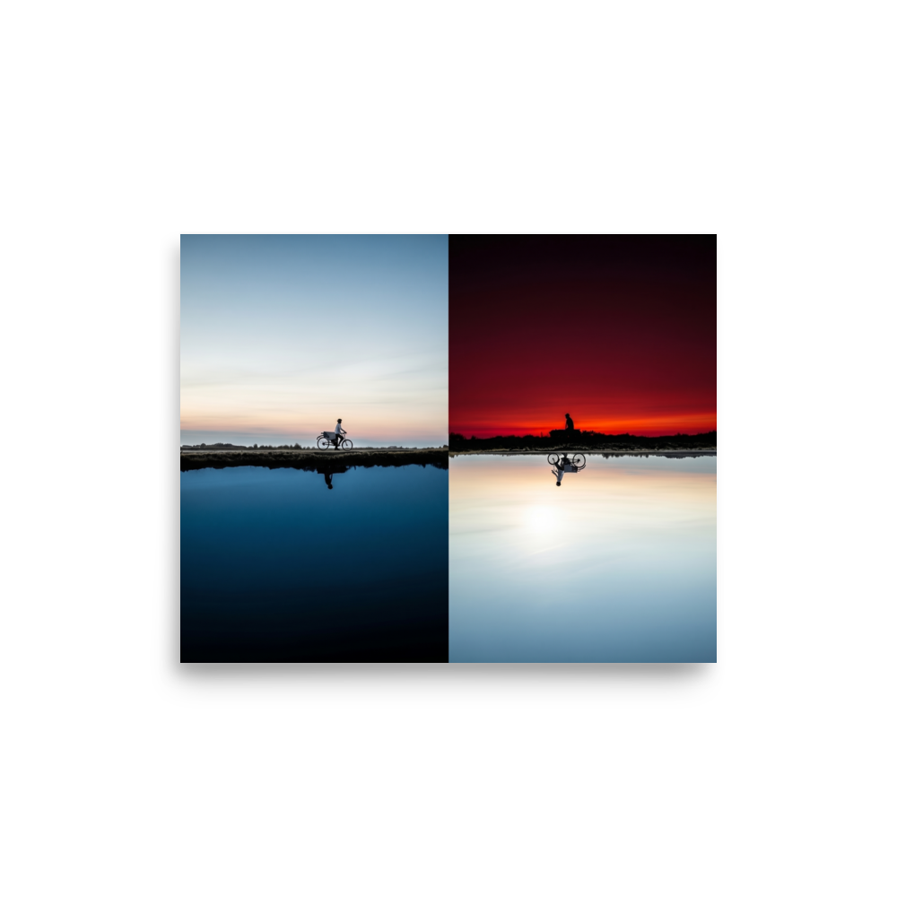 'Two Worlds Riding' — a Surrealism print. A split horizon image showing a cyclist riding in twilight blue on top and an inverted red sunset on the bottom.