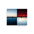 'Two Worlds Riding' — a Surrealism print. A split horizon image showing a cyclist riding in twilight blue on top and an inverted red sunset on the bottom.