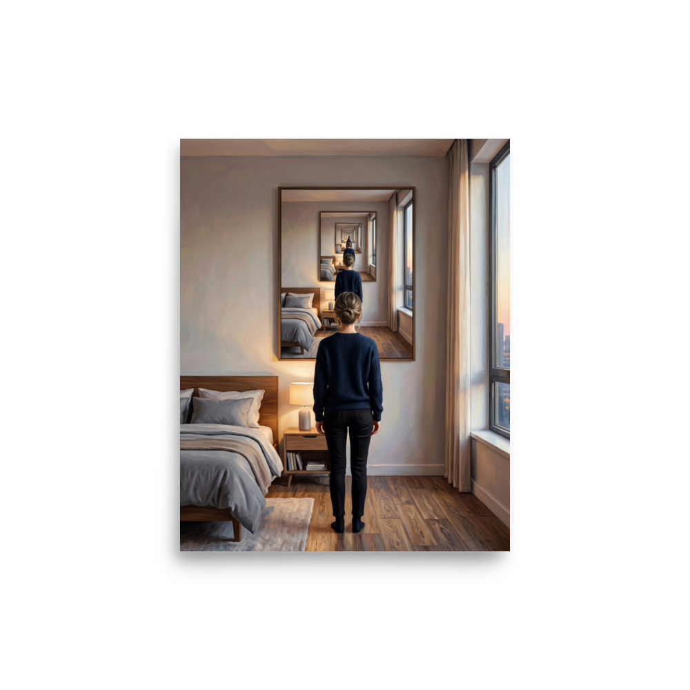 'The Infinite Self' — a Surrealism,Magic realism print. A dreamy surreal painting of a woman standing in a bedroom, looking into a mirror that endlessly reflects her back.
