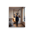 'The Infinite Self' — a Surrealism,Magic realism print. A dreamy surreal painting of a woman standing in a bedroom, looking into a mirror that endlessly reflects her back.