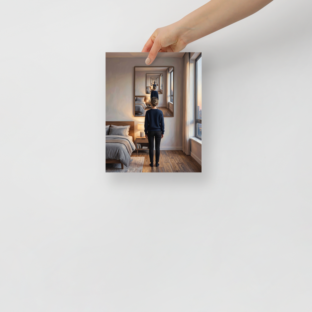 'The Infinite Self' — a Surrealism,Magic realism print. A dreamy surreal painting of a woman standing in a bedroom, looking into a mirror that endlessly reflects her back.