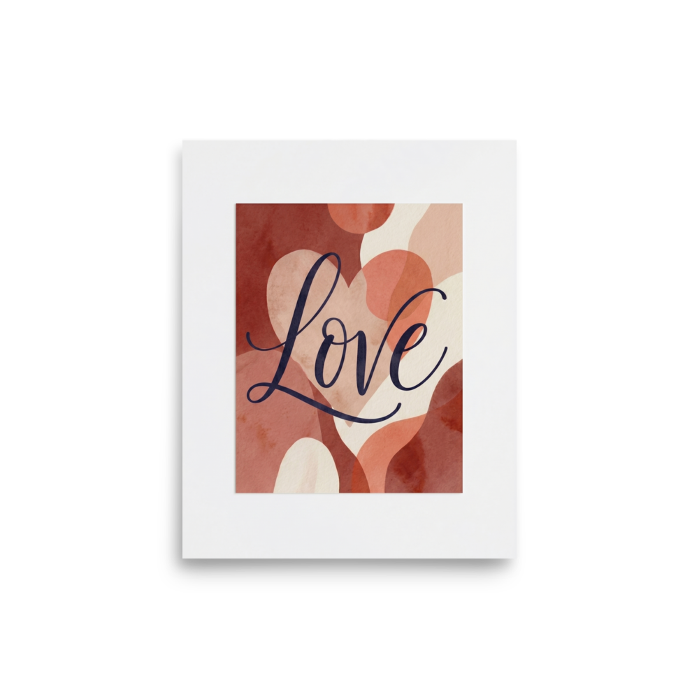 'Painted Affection' — a Abstract art,Minimalism print. A minimalist typography art print with the word Love written over abstract watercolor shapes in warm tones, perfect for a cozy bedroom.
