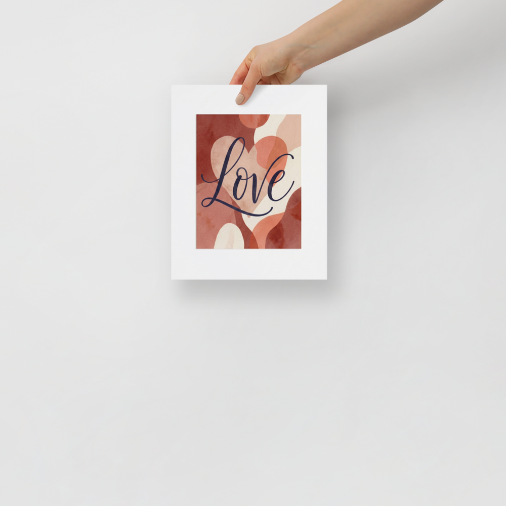 'Painted Affection' — a Abstract art,Minimalism print. A minimalist typography art print with the word Love written over abstract watercolor shapes in warm tones, perfect for a cozy bedroom.