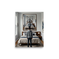 'The Unending Echo' — a Surrealism,Magic realism print. A dreamy surreal painting of a man standing in a bedroom, looking at a large mirror that creates an endless loop of his reflection.
