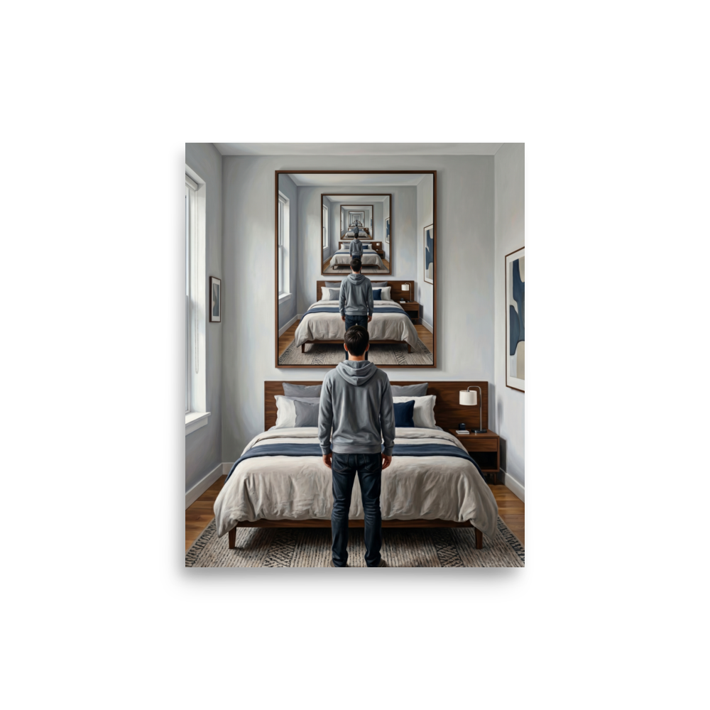 'The Unending Echo' — a Surrealism,Magic realism print. A dreamy surreal painting of a man standing in a bedroom, looking at a large mirror that creates an endless loop of his reflection.