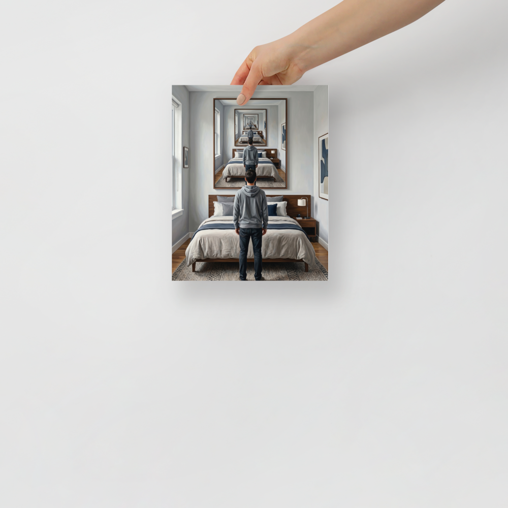 'The Unending Echo' — a Surrealism,Magic realism print. A dreamy surreal painting of a man standing in a bedroom, looking at a large mirror that creates an endless loop of his reflection.