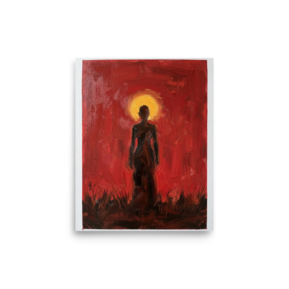 'Crimson Halo' — a Expressionism print. A textured painting of a dark silhouetted figure standing in a field against a bright red and yellow sky, perfect for a Living Room.