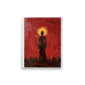 'Crimson Halo' — a Expressionism print. A textured painting of a dark silhouetted figure standing in a field against a bright red and yellow sky, perfect for a Living Room.