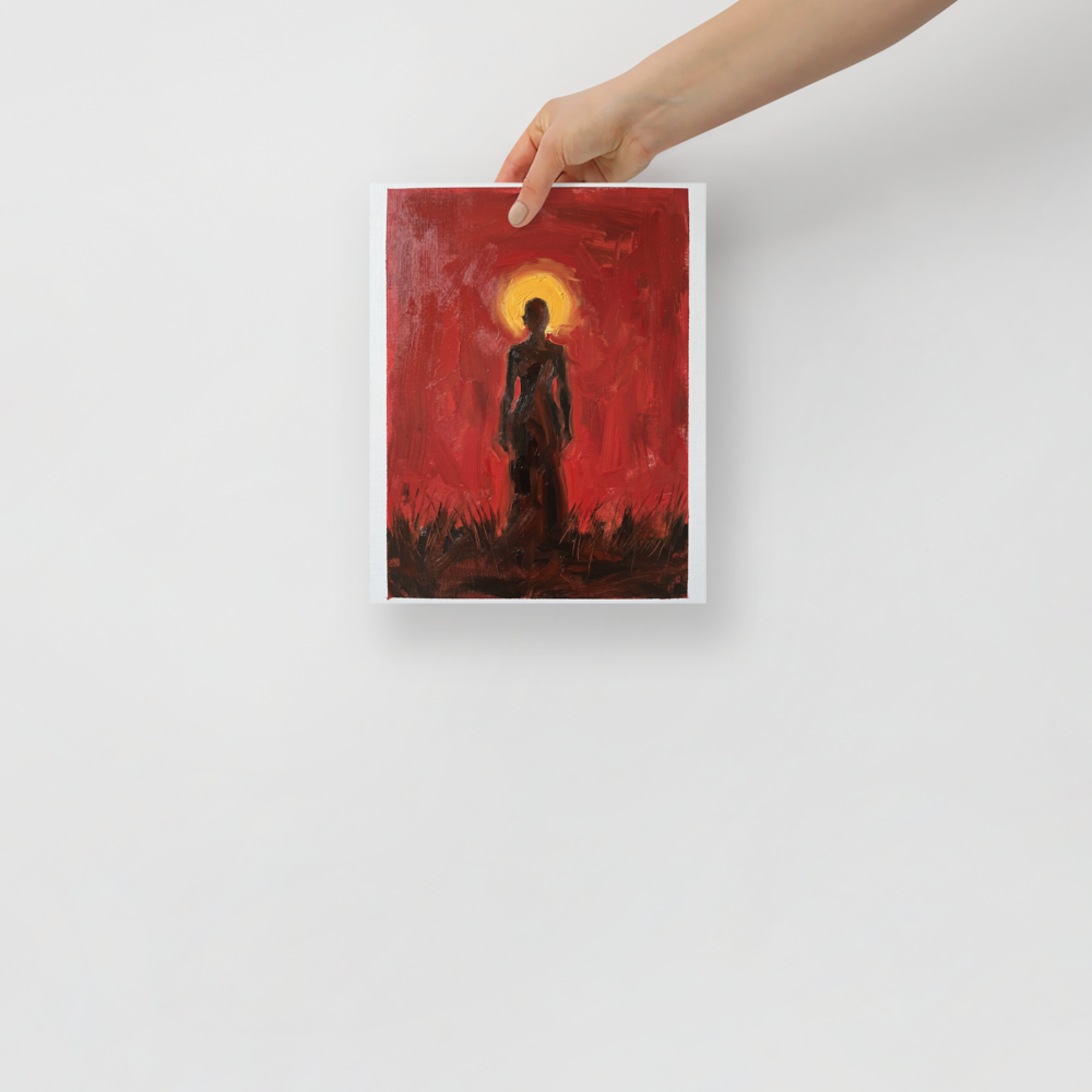 'Crimson Halo' — a Expressionism print. A textured painting of a dark silhouetted figure standing in a field against a bright red and yellow sky, perfect for a Living Room.
