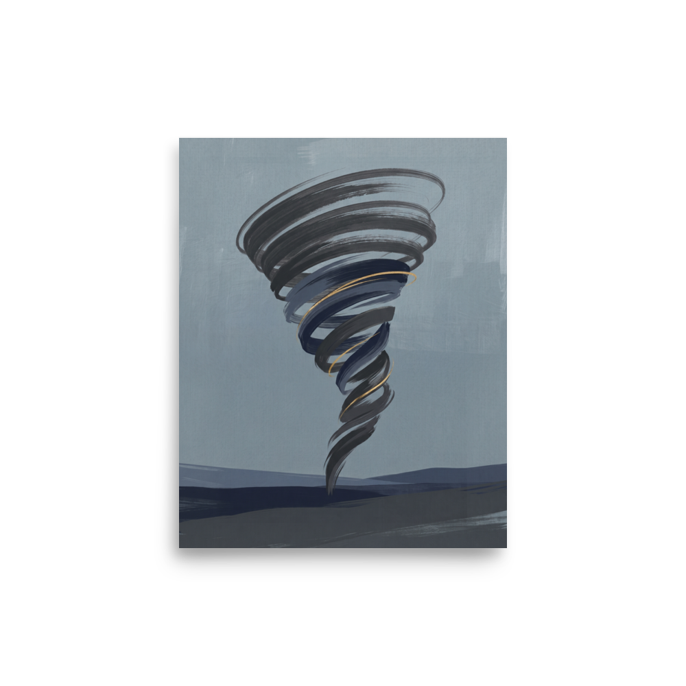 'The Golden Vortex' — a Minimalism print. A minimalist painting of a dark swirling tornado with thin gold accents set against a moody blue-grey sky, perfect for a modern Office or Living Room.