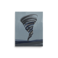 'The Golden Vortex' — a Minimalism print. A minimalist painting of a dark swirling tornado with thin gold accents set against a moody blue-grey sky, perfect for a modern Office or Living Room.