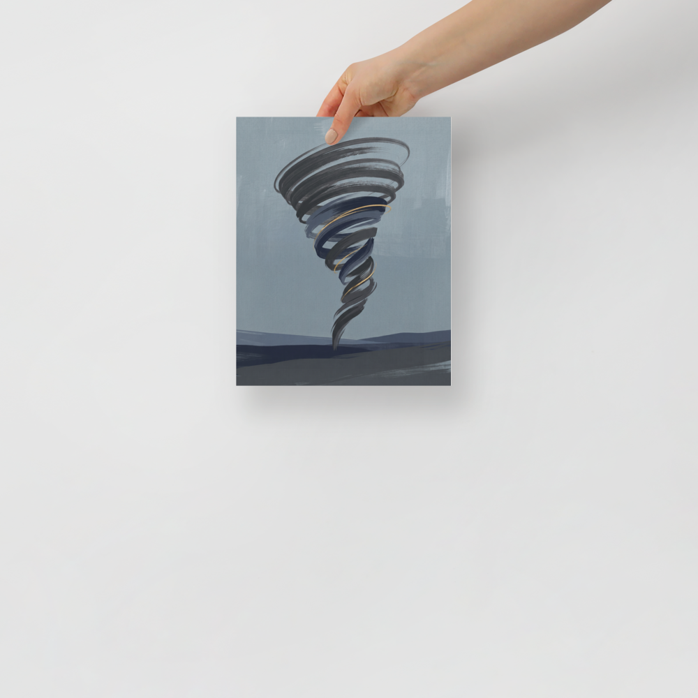 'The Golden Vortex' — a Minimalism print. A minimalist painting of a dark swirling tornado with thin gold accents set against a moody blue-grey sky, perfect for a modern Office or Living Room.