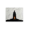 'Inner Flame' — a Minimalism,Expressionism print. A minimalist painting of a black silhouetted figure standing against a white background with a small fire burning at their feet, ideal for a modern Living Room or Office.