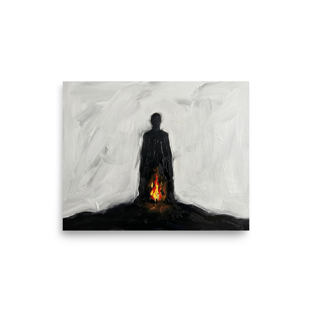 'Inner Flame' — a Minimalism,Expressionism print. A minimalist painting of a black silhouetted figure standing against a white background with a small fire burning at their feet, ideal for a modern Living Room or Office.