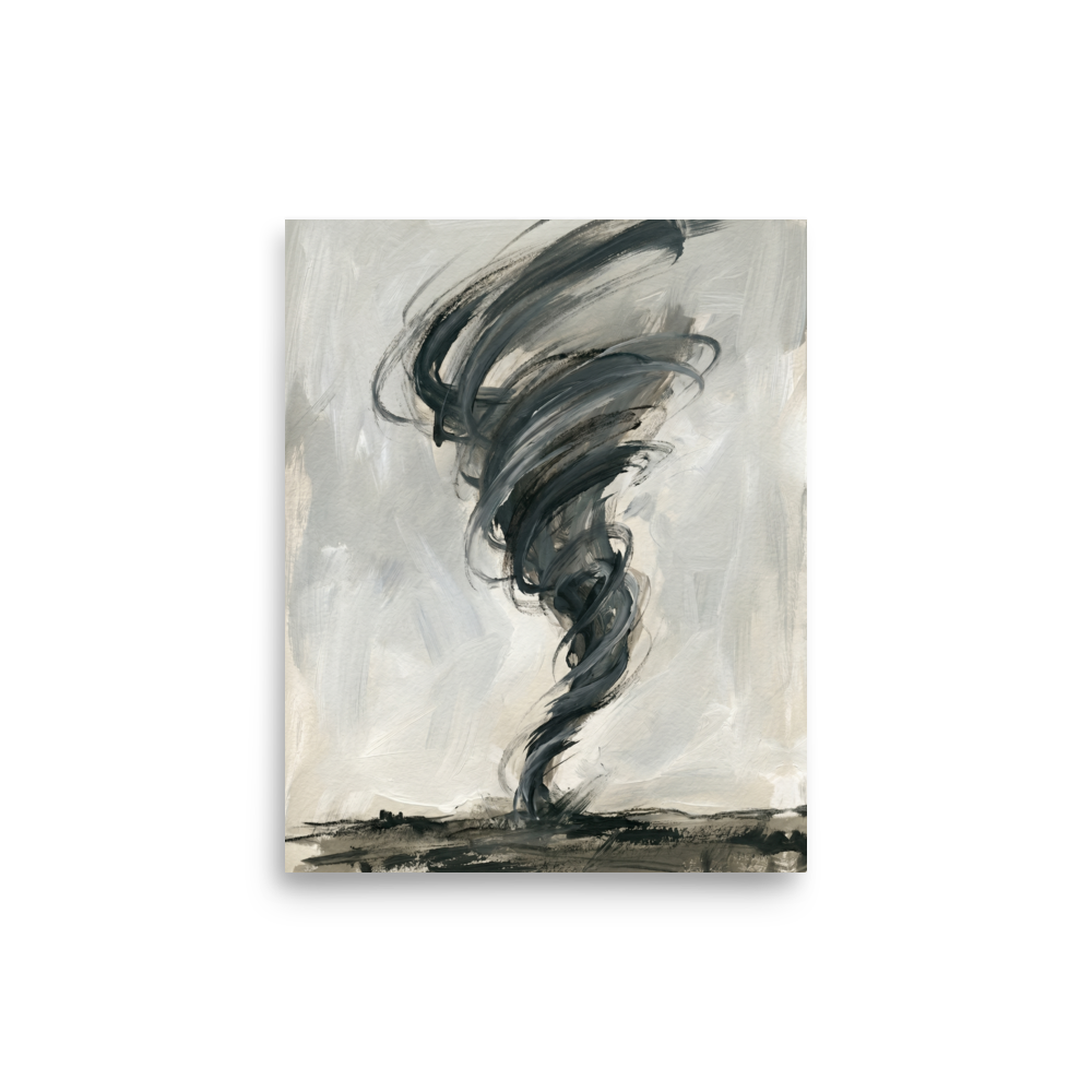 'Abstract Tempest' — a Abstract expressionism,Minimalism print. An expressive abstract painting of a grey and black tornado against a pale sky, ideal for an Office or living room.