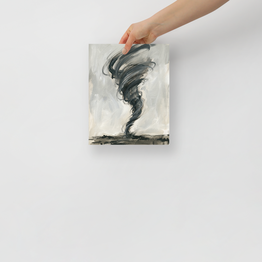 'Abstract Tempest' — a Abstract expressionism,Minimalism print. An expressive abstract painting of a grey and black tornado against a pale sky, ideal for an Office or living room.