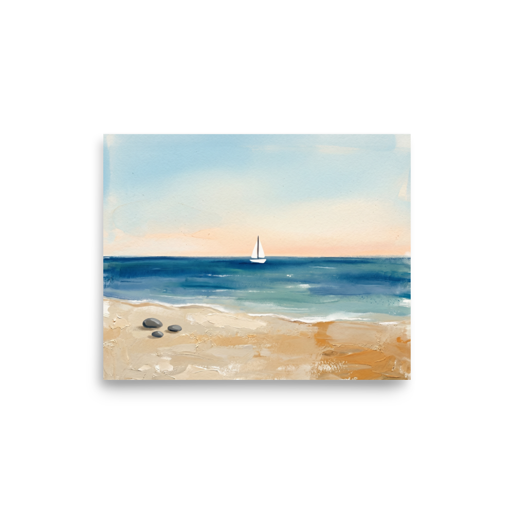 'Distant Sails' — a Impressionism,Minimalism print. A textured painting of a quiet beach with three smooth stones in the foreground and a solitary white sailboat on the horizon, perfect for a peaceful Bedroom or Bathroom.