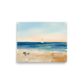 'Distant Sails' — a Impressionism,Minimalism print. A textured painting of a quiet beach with three smooth stones in the foreground and a solitary white sailboat on the horizon, perfect for a peaceful Bedroom or Bathroom.