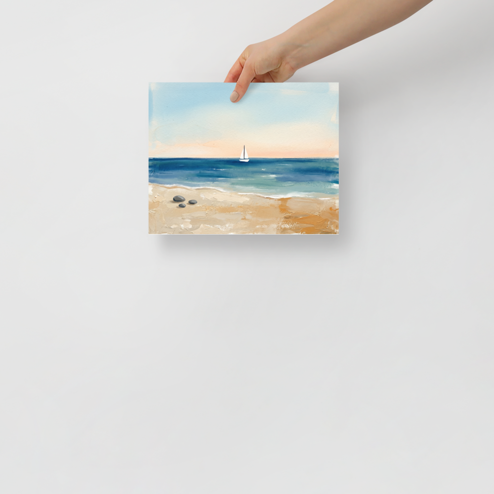 'Distant Sails' — a Impressionism,Minimalism print. A textured painting of a quiet beach with three smooth stones in the foreground and a solitary white sailboat on the horizon, perfect for a peaceful Bedroom or Bathroom.