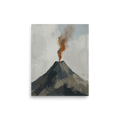 'Earth's Exhale' — a Minimalism print. A minimalist painting of a dark grey volcano erupting with a rust-orange plume of smoke against a pale grey sky, ideal for a Living Room or Office.