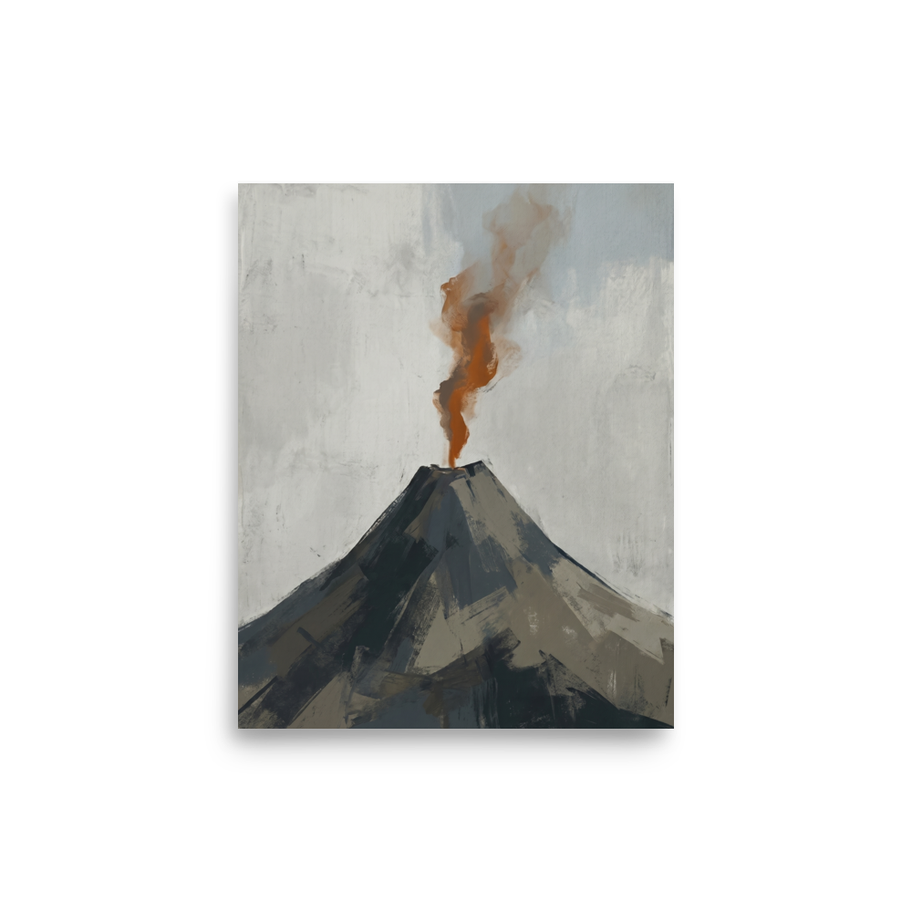 'Earth's Exhale' — a Minimalism print. A minimalist painting of a dark grey volcano erupting with a rust-orange plume of smoke against a pale grey sky, ideal for a Living Room or Office.