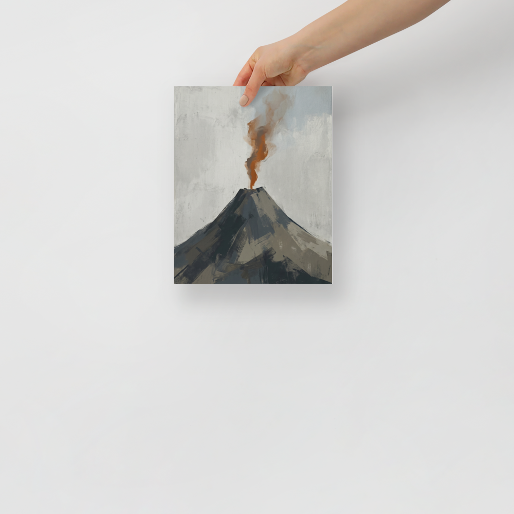 'Earth's Exhale' — a Minimalism print. A minimalist painting of a dark grey volcano erupting with a rust-orange plume of smoke against a pale grey sky, ideal for a Living Room or Office.