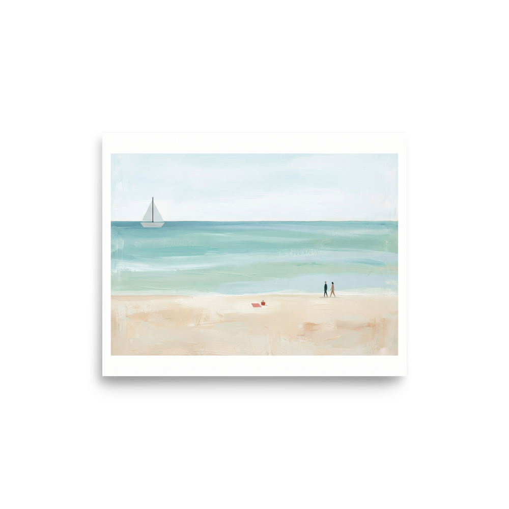 'Coastal Stroll' — a Minimalism,Impressionism print. A wide, minimalist painting of a beach with a couple walking, a red towel on the sand, and a sailboat on calm turquoise water, perfect for a Bedroom or Sunroom.