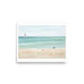 'Coastal Stroll' — a Minimalism,Impressionism print. A wide, minimalist painting of a beach with a couple walking, a red towel on the sand, and a sailboat on calm turquoise water, perfect for a Bedroom or Sunroom.
