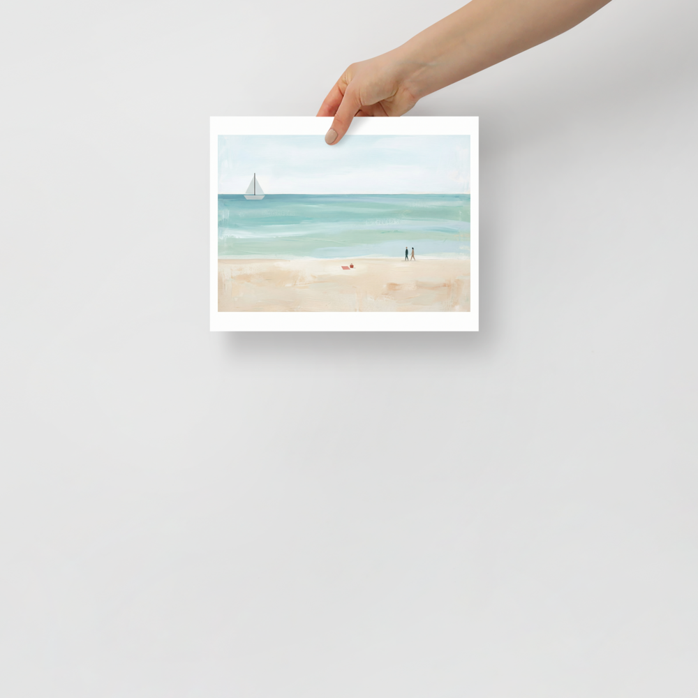 'Coastal Stroll' — a Minimalism,Impressionism print. A wide, minimalist painting of a beach with a couple walking, a red towel on the sand, and a sailboat on calm turquoise water, perfect for a Bedroom or Sunroom.