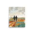 'The Long Road Home' — a Impressionism,Minimalism print. A minimalist painting of two farmers walking along a dirt path through a field, rendered in earthy tones of green and orange, perfect for a Living Room or Office.