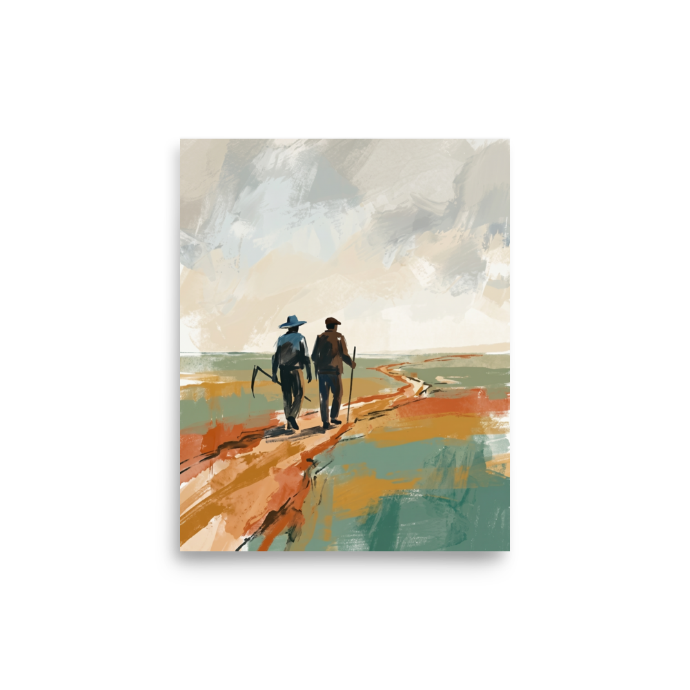 'The Long Road Home' — a Impressionism,Minimalism print. A minimalist painting of two farmers walking along a dirt path through a field, rendered in earthy tones of green and orange, perfect for a Living Room or Office.
