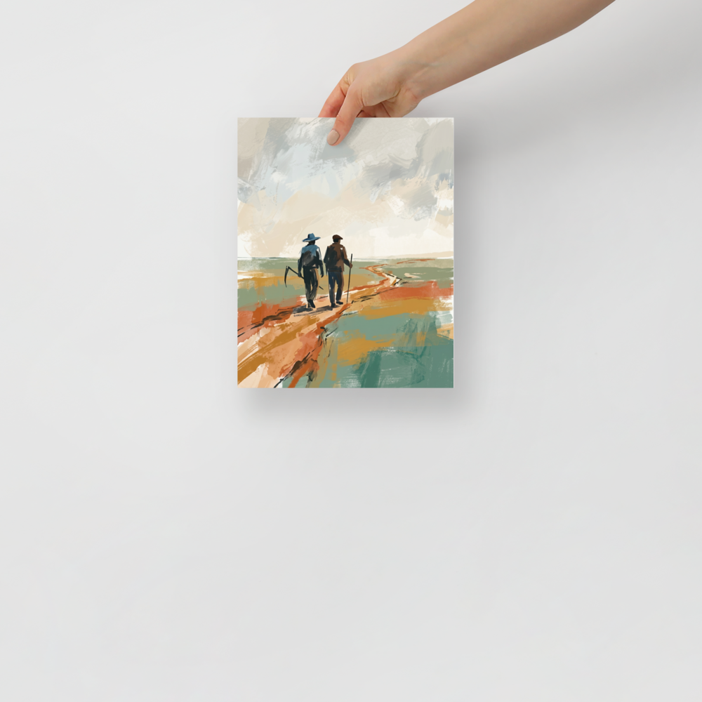 'The Long Road Home' — a Impressionism,Minimalism print. A minimalist painting of two farmers walking along a dirt path through a field, rendered in earthy tones of green and orange, perfect for a Living Room or Office.