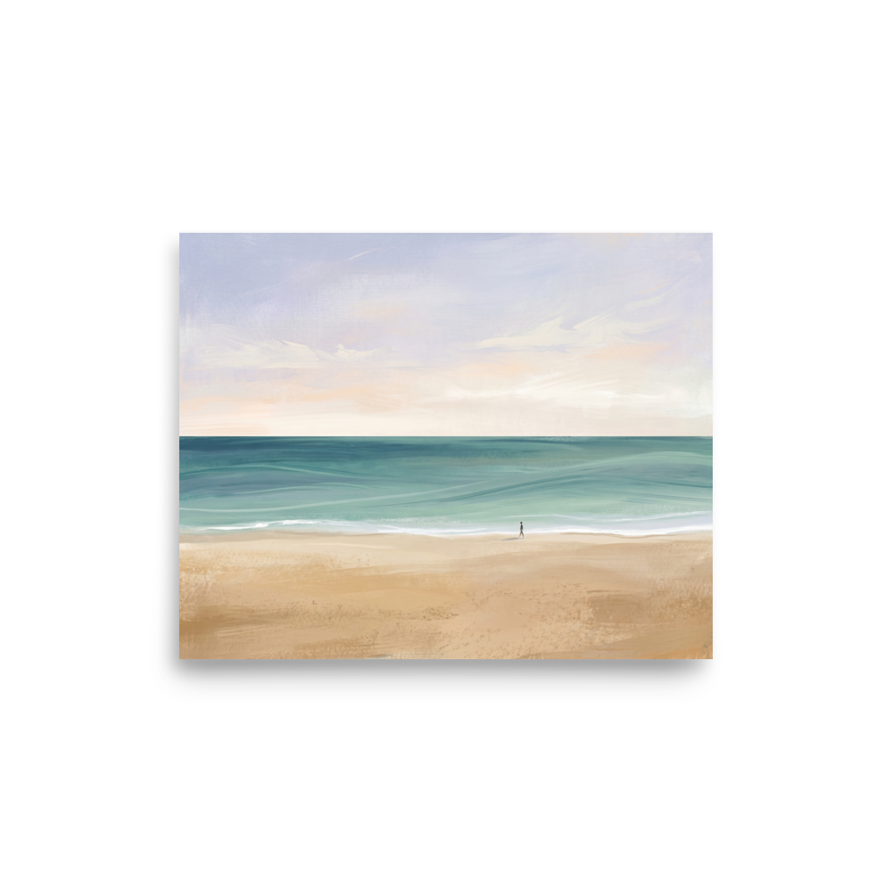 'Solitary Shore' — a Minimalism,Impressionism print. A minimalist painting of a vast, tranquil beach with a tiny silhouetted figure walking alone by the water under a soft pastel sky, perfect for a Bedroom or Meditation Room.