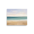 'Solitary Shore' — a Minimalism,Impressionism print. A minimalist painting of a vast, tranquil beach with a tiny silhouetted figure walking alone by the water under a soft pastel sky, perfect for a Bedroom or Meditation Room.