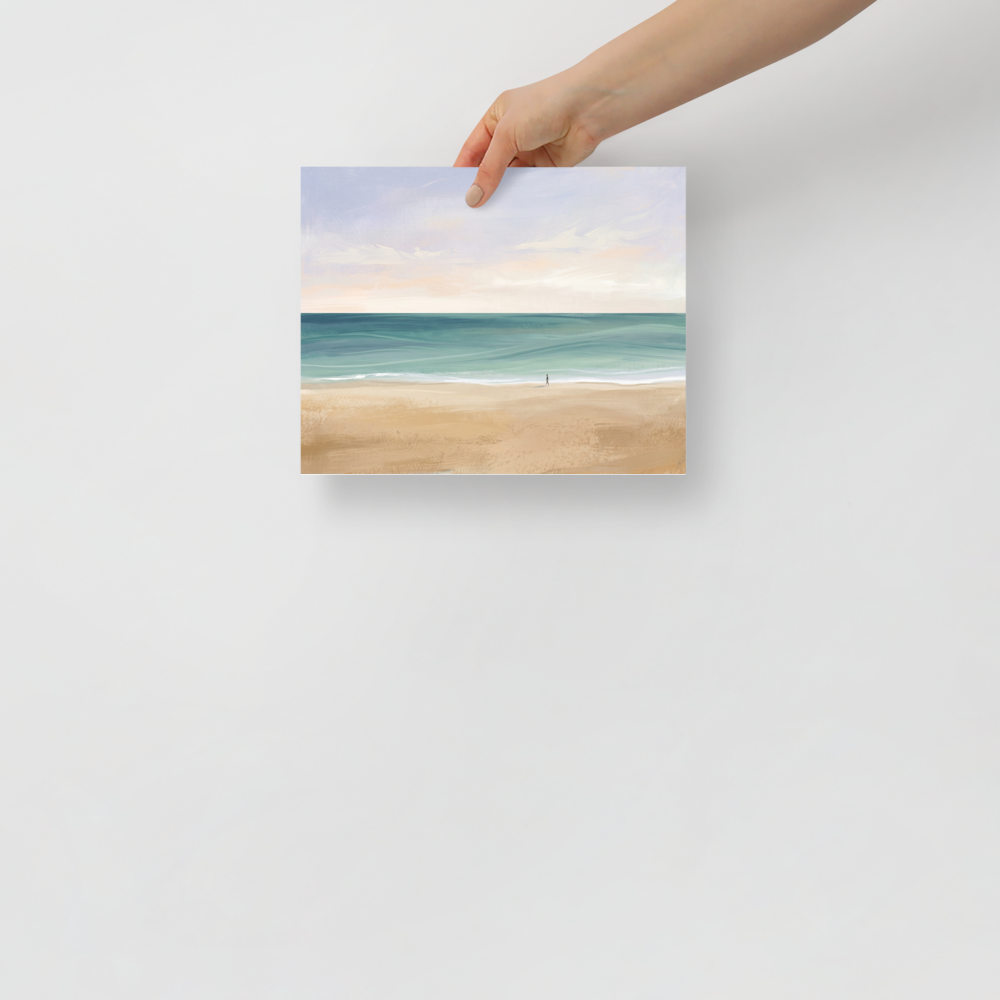 'Solitary Shore' — a Minimalism,Impressionism print. A minimalist painting of a vast, tranquil beach with a tiny silhouetted figure walking alone by the water under a soft pastel sky, perfect for a Bedroom or Meditation Room.