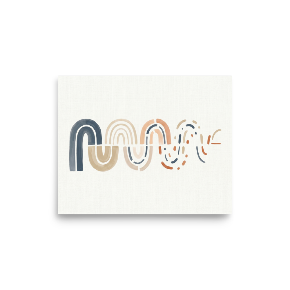 'Unraveling Waves' — a Minimalism,Abstract art print. A minimalist abstract painting featuring a wavy line of nested arches in blue and peach that break apart into dots and dashes, perfect for a modern Nursery or Bedroom.